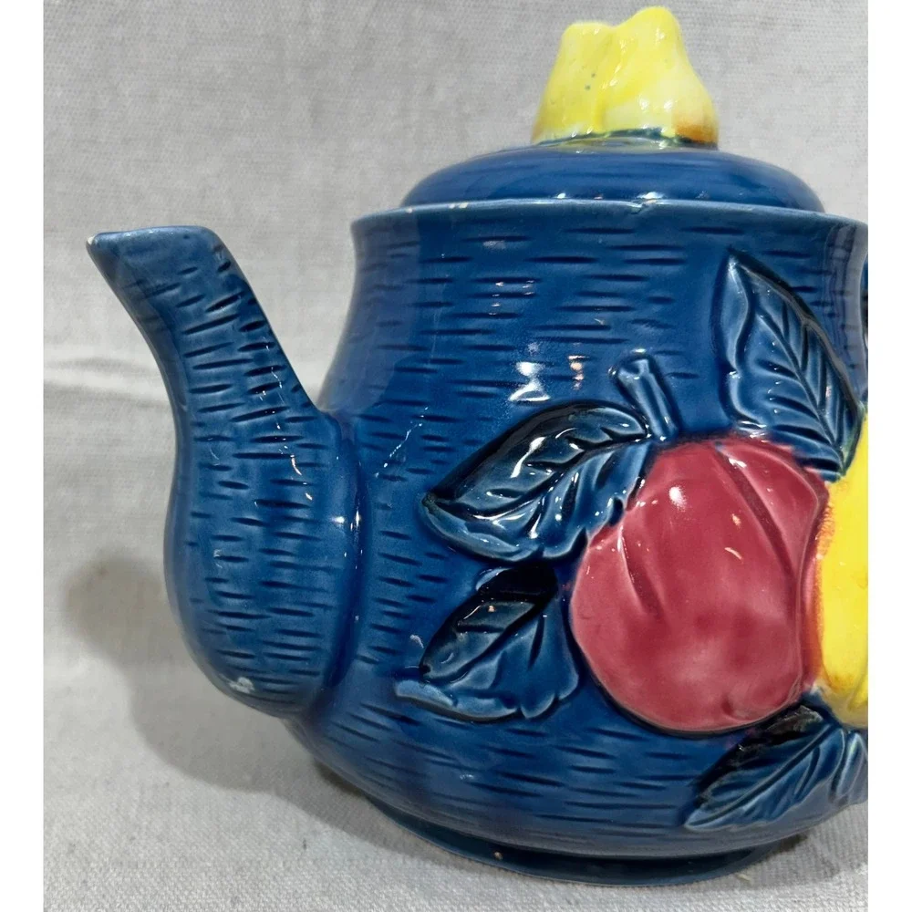 Vintage Cobalt Blue Ceramic Teapot Fruit Relief Apple Pear Made in Japan 7x8
